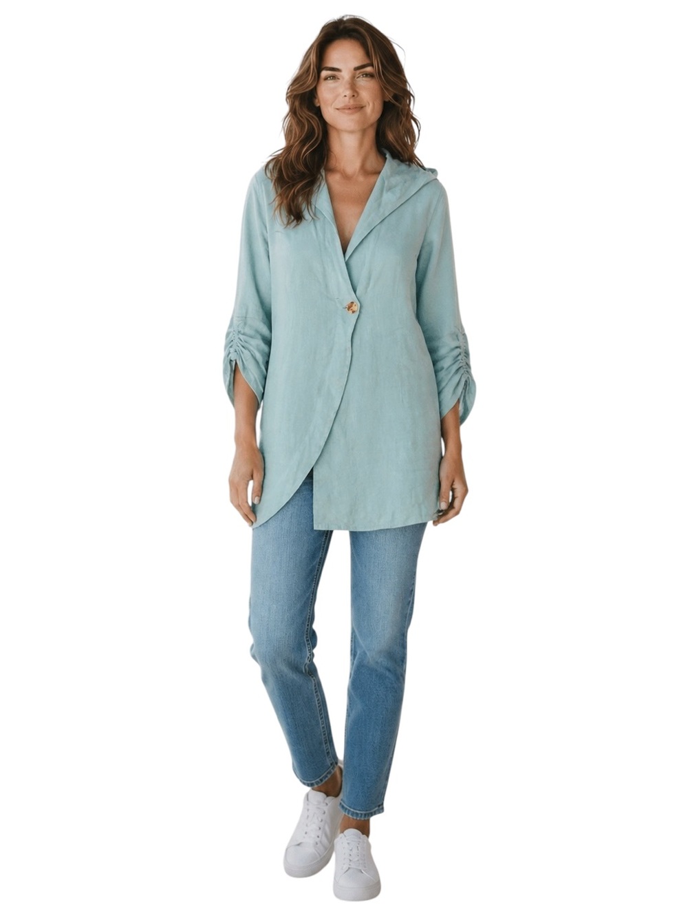 Click 100% Linen Hooded Jacket Size S Light Teal Lagenlook Coastal Bohemian